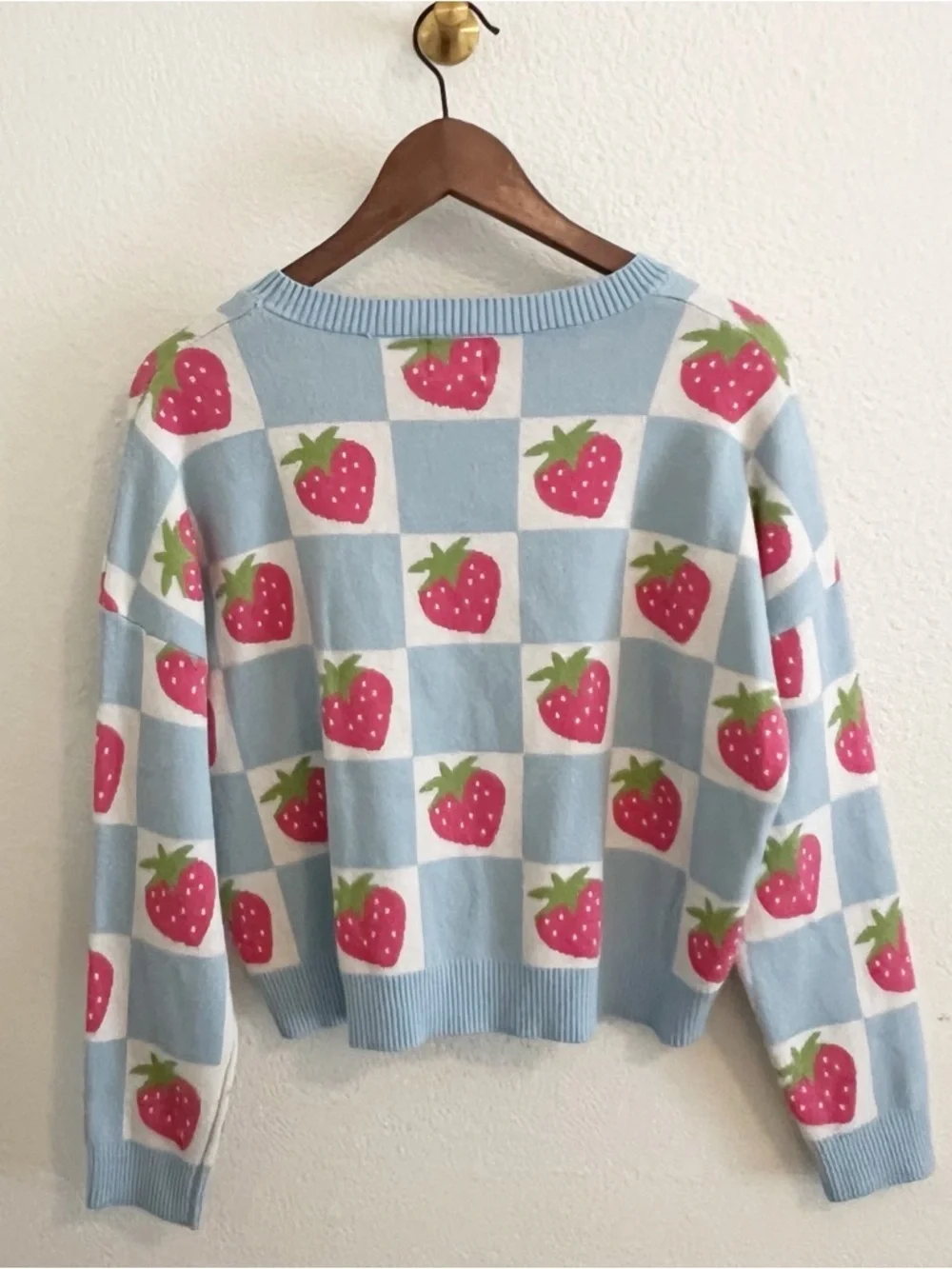 Luna Ivy Blue Checkered Strawberry Sweater Size L